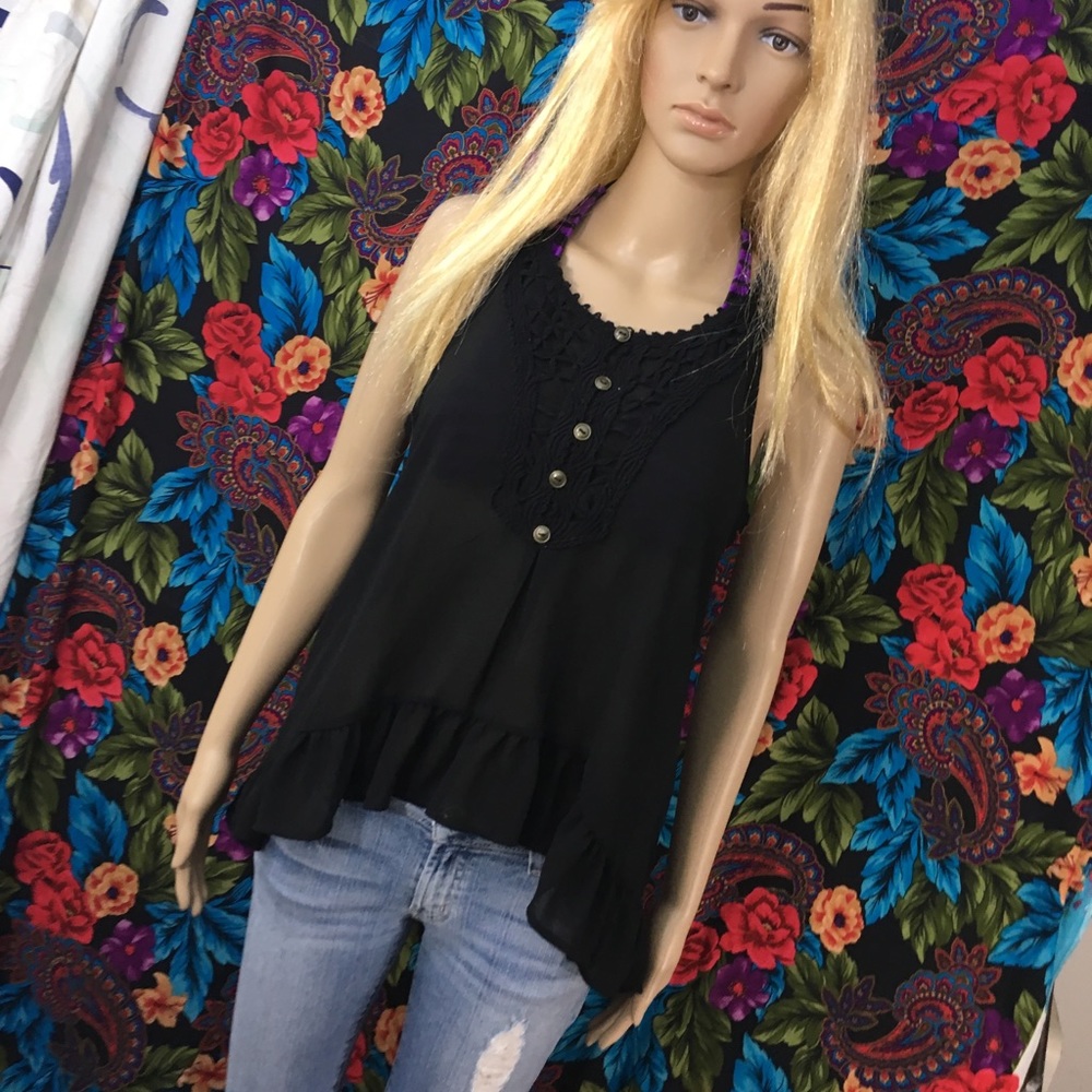 WOMEN’S ACTIVE BUTTON UP BLOUSE SLEEVELESS TOP LARGE KNIT TRIM SHEER TANK CAMI